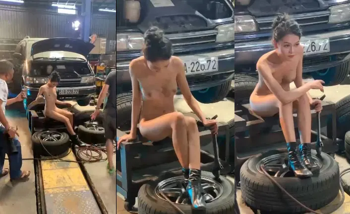 車のワークショップでヌードモデルの女の子
